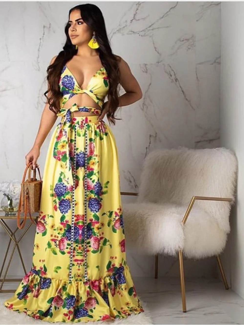 Fashion Nova Yellow Floral Tie-Front Two-Piece Dress Set for Kids